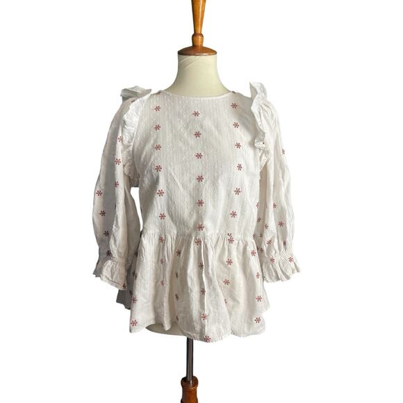 Universal Thread White Peasant Top Women Small Floral Peplum Ruffle Cotton Boho - Picture 1 of 10